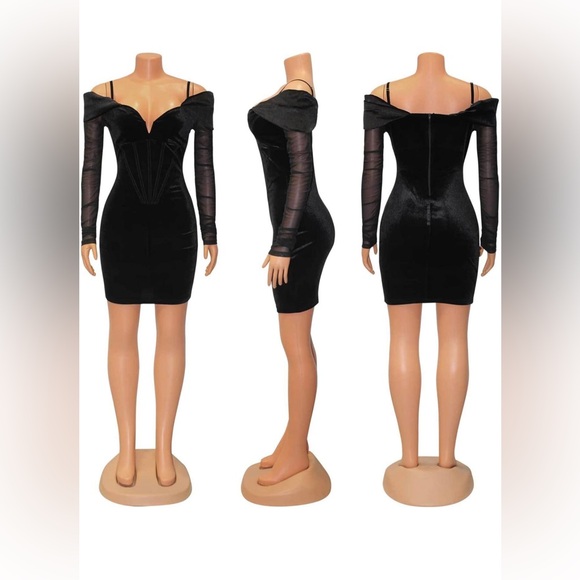 Women's Off-Shoulder Mesh Velvet Bodycon Dress with Ruffle Sleeves Black - Picture 4 of 7